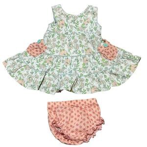Matilda Jane Little Adventure Dress and Bloomer Diaper Cover Peach Green 6-12 mo